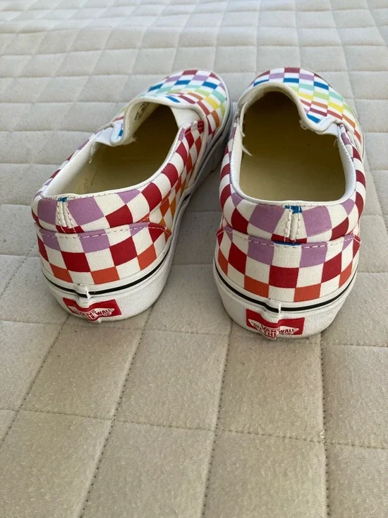 Vans Women’s Slip-On Multicolor Rainbow Checkerboard Sneakers - Picture 5 of 7
